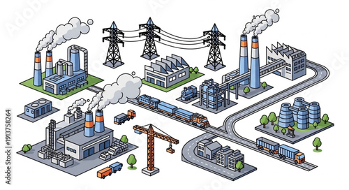 Industrial complex with factories power lines and train.