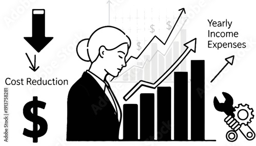 Businessperson analyzing financial data with cost reduction and income growth