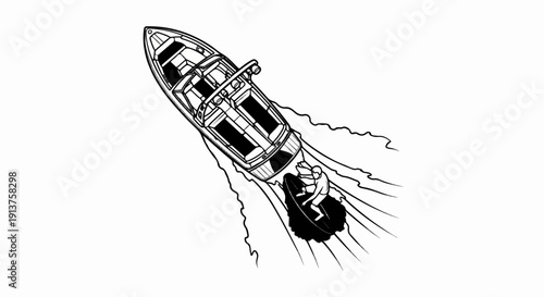 Boat tows person wakeboarding on black board creating splash