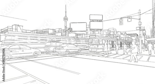 Busy city street scene with trams, cars, and pedestrians at a crosswalk