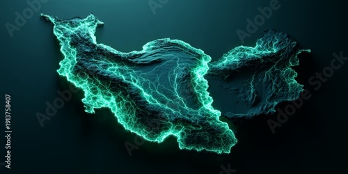 Glowing green map of Iran with electric circuit lines on dark background