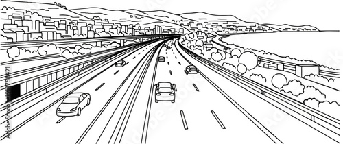 Busy highway curving towards a city with mountains and sea in background