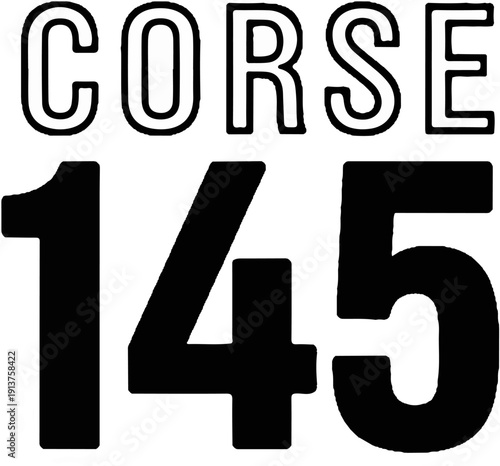 Bold black numbers 145 beneath outline text CORSE
