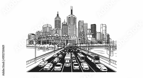 Busy urban highway leading to a city skyline with numerous vehicles