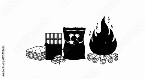 Campfire treats chocolate, marshmallows, and crackers ready for roasting