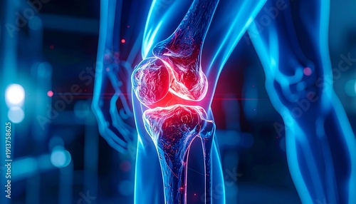 A medical illustration of a knee joint illuminated in blue, with a focus on an area highlighted in red to represent inflammation or pain