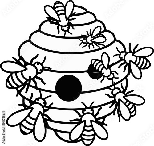Cartoon bees buzz around a striped, conical hive with an entrance hole