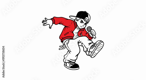 Cartoon boy in red jacket and cap rapping with microphone