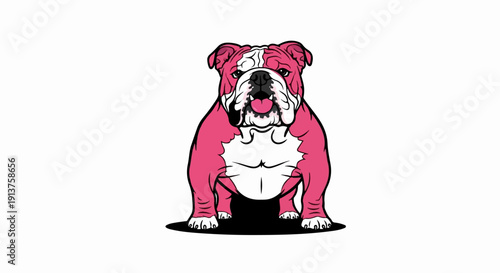 Cartoon bulldog with pink and white coloring, sitting, looking forward