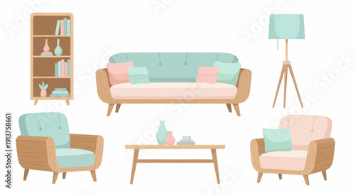 Cozy living room illustration featuring sofa, chairs, bookshelf, and lamp in a comfortable interior setting