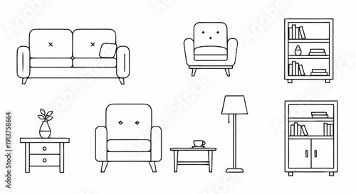 Line art illustration of furniture set including sofa, armchair, bookshelf, coffee table, and lamp in a modern living room from a front viewpoint