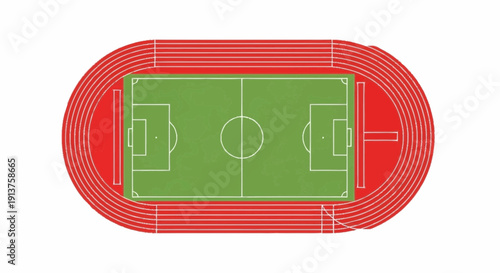 Aerial view of a sports field with green grass and red running tracks