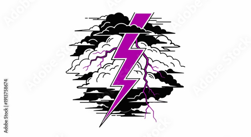 Bold purple lightning strikes through dark, stylized storm clouds