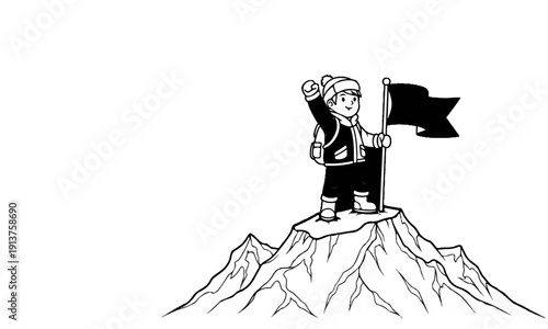 Cartoon child in winter gear stands triumphantly on mountain peak with flag