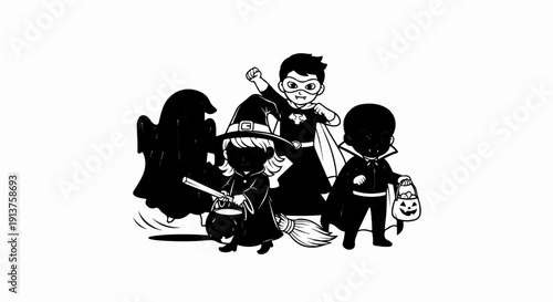 Cartoon children in Halloween costumes trick-or-treating
