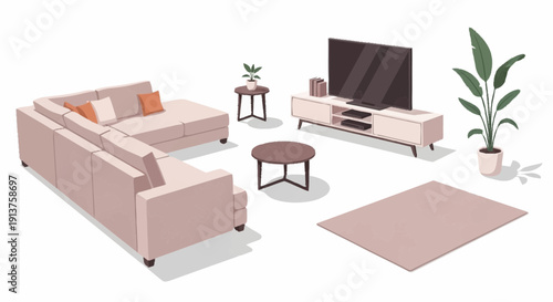 Modern living room interior with sofa television and plants in a cozy setting viewed from above