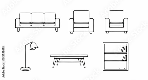 Line art illustration of furniture set including sofa and armchairs with lamp table and bookshelf in a modern living room