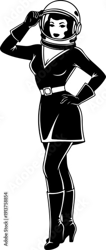 Confident Woman in a Spacesuit Adjusting Helmet  Vector Art