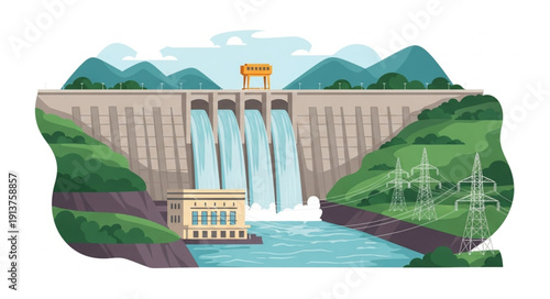 Hydroelectric dam generating clean energy with flowing water and power lines.