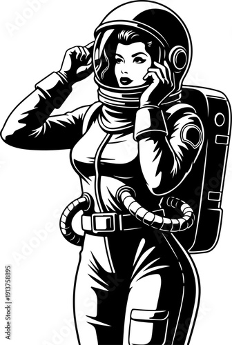 Confident Woman in a Spacesuit Adjusting Helmet  Vector Art
