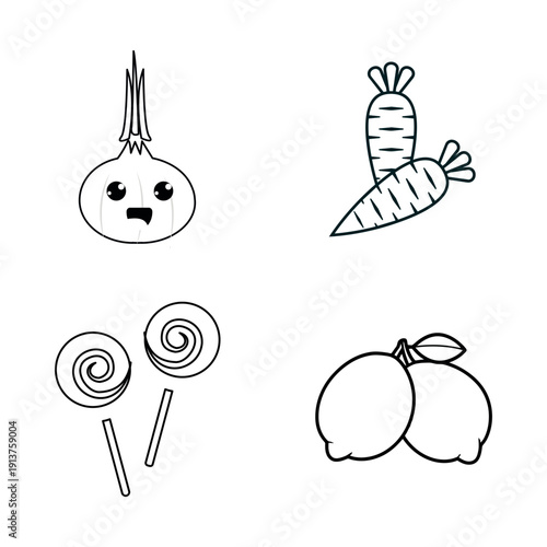 Cute anthropomorphic vegetable and sweet characters set, hand drawn black and white doodle of surprised onion, happy carrot, peach and lollipops.