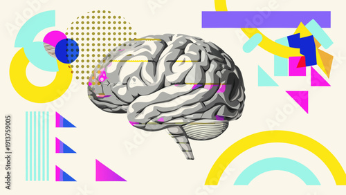 Vibrant abstract illustration of a human brain surrounded by colorful geometric shapes and patterns on a beige background representing creativity and innovation in a modern