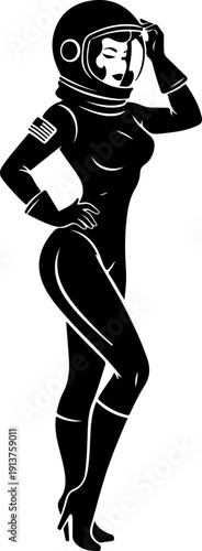 Confident Woman in a Spacesuit Adjusting Helmet  Vector Art