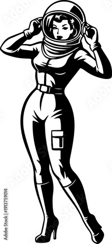 Confident Woman in a Spacesuit Adjusting Helmet  Vector Art