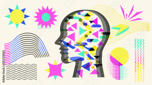 Vibrant vector illustration of creative thinking and brainstorming with colorful geometric shapes and patterns in a human head on a beige background