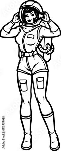 Confident Woman in a Spacesuit Adjusting Helmet  Vector Art