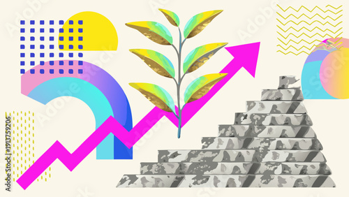 Vibrant abstract illustration of growth concept with plant arrows and money pyramid on beige background