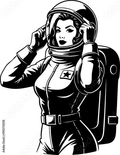 Confident Woman in a Spacesuit Adjusting Helmet  Vector Art