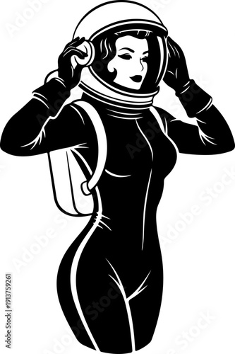 Confident Woman in a Spacesuit Adjusting Helmet  Vector Art