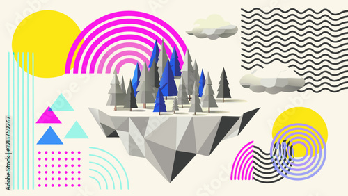 Vibrant geometric illustration of imagination concept with floating island colorful shapes and patterns