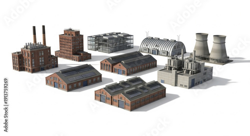 Industrial buildings model collection isolated on white background.