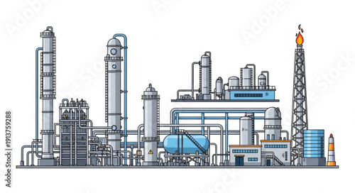 Industrial Chemical Plant Manufacturing Facility with Towers and Pipes.