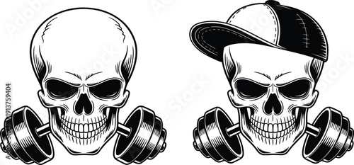 Human skull with dumbbell mascot set, bodybuilding fitness gym power workout weightlifting heavy training vector icon