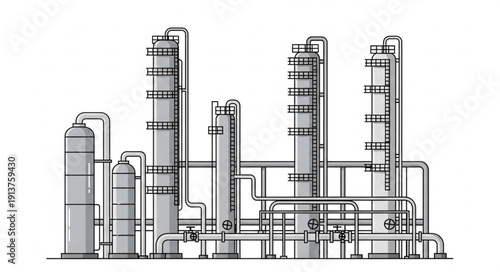Industrial Chemical Plant with Distillation Towers and Pipes.