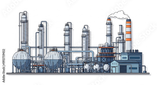 Industrial Chemical Plant with Smoke Stacks and Tanks.