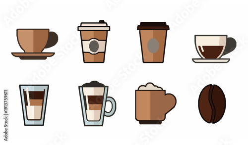 Coffee Cup Icon Set Flat Vector Collection for Cafe and Web Design Isolated on White Background
