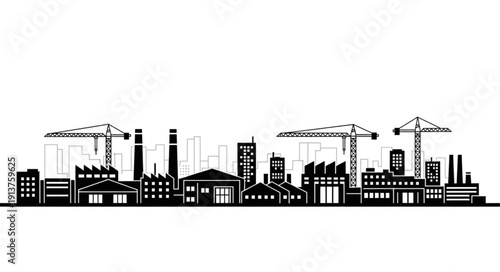 Industrial cityscape silhouette with factories and cranes.