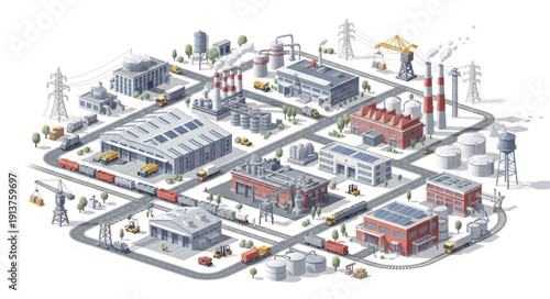 Industrial Cityscape with Factories and Buildings.