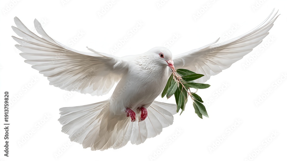 Fototapeta premium A serene white dove in flight gracefully carries a sprig of green leaves, symbolizing peace and