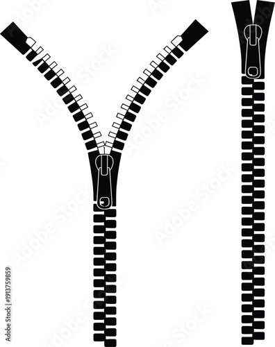 Black minimalist zipper silhouette set, garment accessory open and closed zip fastener tailor supply vector icon