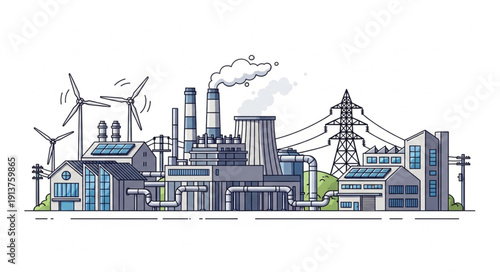Industrial cityscape with renewable energy sources illustration.