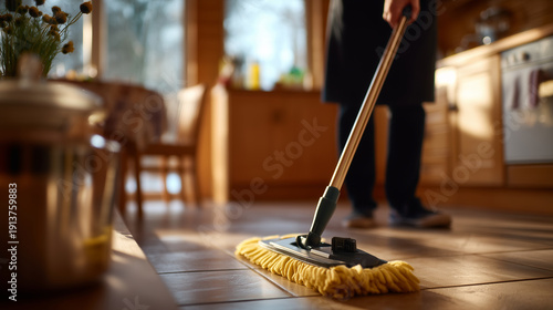 Wallpaper Mural Hispanic household cleaning routine, kitchen floor mopping with professional tools shown, everyday domestic task with local decor visible, vibrant tiled interior with morning light Torontodigital.ca