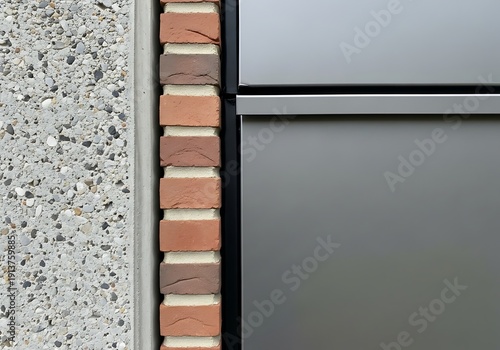 Juxtaposition of Textures: Exposed aggregate concrete bricks and brushed metal creating a contemporary architectural