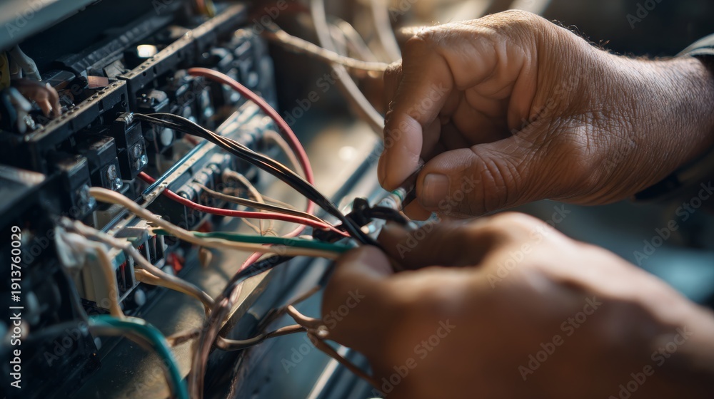Fototapeta premium Technician adjusting electronic control box wiring for industrial automation