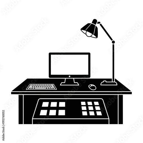 Modern home office workspace with computer and lamp