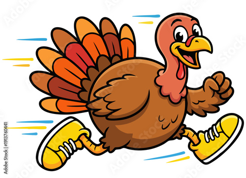 Cartoon turkey running with speed lines isolated on transparent background